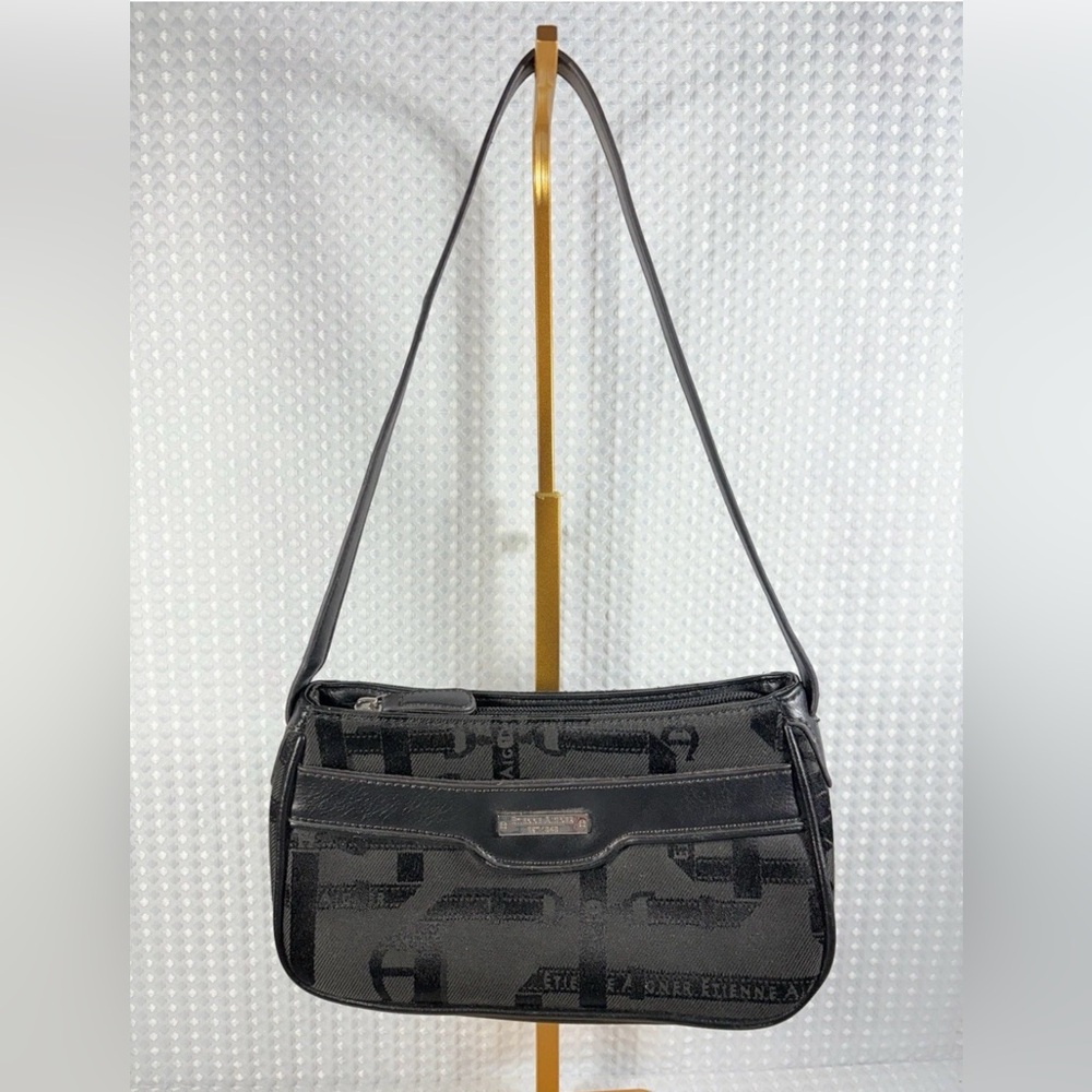 Vintage Etienne Aigner Signature Logo Print Baguette Small Shoulder Bag Black